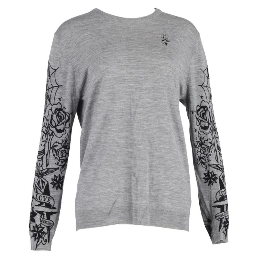 Love Moschino Rib-Knit Crewneck Sweater in Grey Wool
